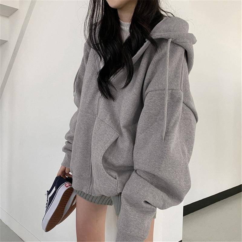 Frauen Harajuku Zip Up Hoodie Vintage Langarm Übergroßen Einfarbig Hoodies Herbst Koreanischen Stil Tasche Kordelzug Sweatshirt L grau von Joom DACH