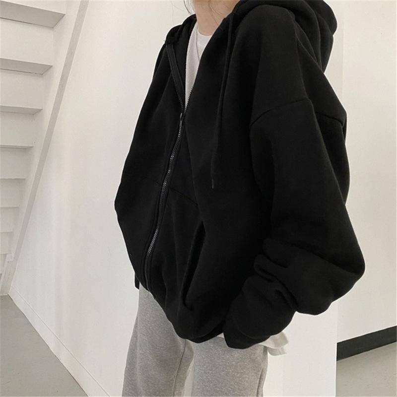 Frauen Harajuku Zip Up Hoodie Vintage Langarm Übergroßen Einfarbig Hoodies Herbst Koreanischen Stil Tasche Kordelzug Sweatshirt S schwarz von Joom DACH