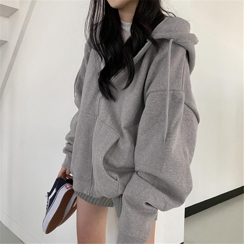 Frauen Harajuku Zip Up Hoodie Vintage Langarm Übergroßen Einfarbig Hoodies Herbst Koreanischen Stil Tasche Kordelzug Sweatshirt XL grau von Joom DACH