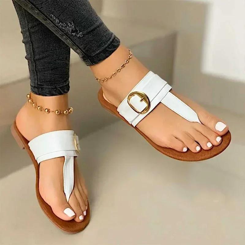 Frauen Hausschuhe Clip Toe Flache Sandalen Sommer T Gebunden Damen Schuhe Strand Casual Frau Flip-Flops Mode Weibliche PU Leder schuhe 42 von Joom DACH