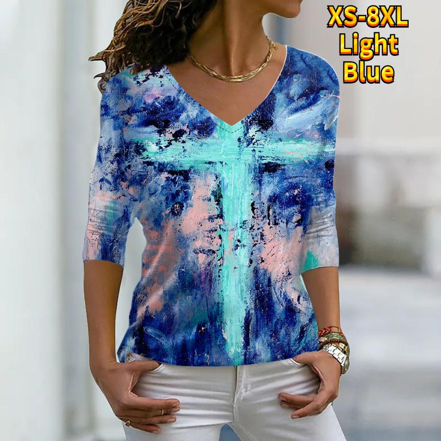 Frauen Herbst Floral Bunte Speckle Malerei Gedruckt Langarm T-Shirts Lose V-ausschnitt Plus Größe T-shirt Tops Bequeme Bluse 3XL hellblaue von Joom DACH