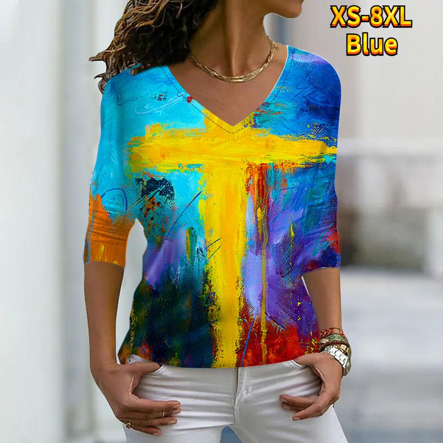 Frauen Herbst Floral Bunte Speckle Malerei Gedruckt Langarm T-Shirts Lose V-ausschnitt Plus Größe T-shirt Tops Bequeme Bluse 4XL blau von Joom DACH