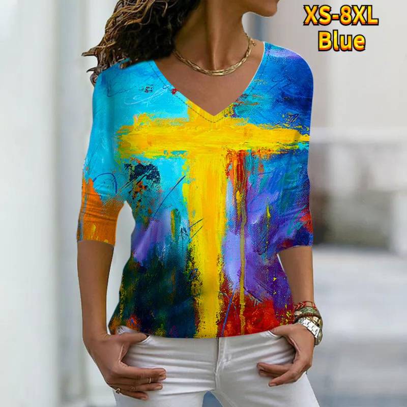 Frauen Herbst Floral Bunte Speckle Malerei Gedruckt Langarm T-Shirts Lose V-ausschnitt Plus Größe T-shirt Tops Bequeme Bluse 4XL blau von Joom DACH