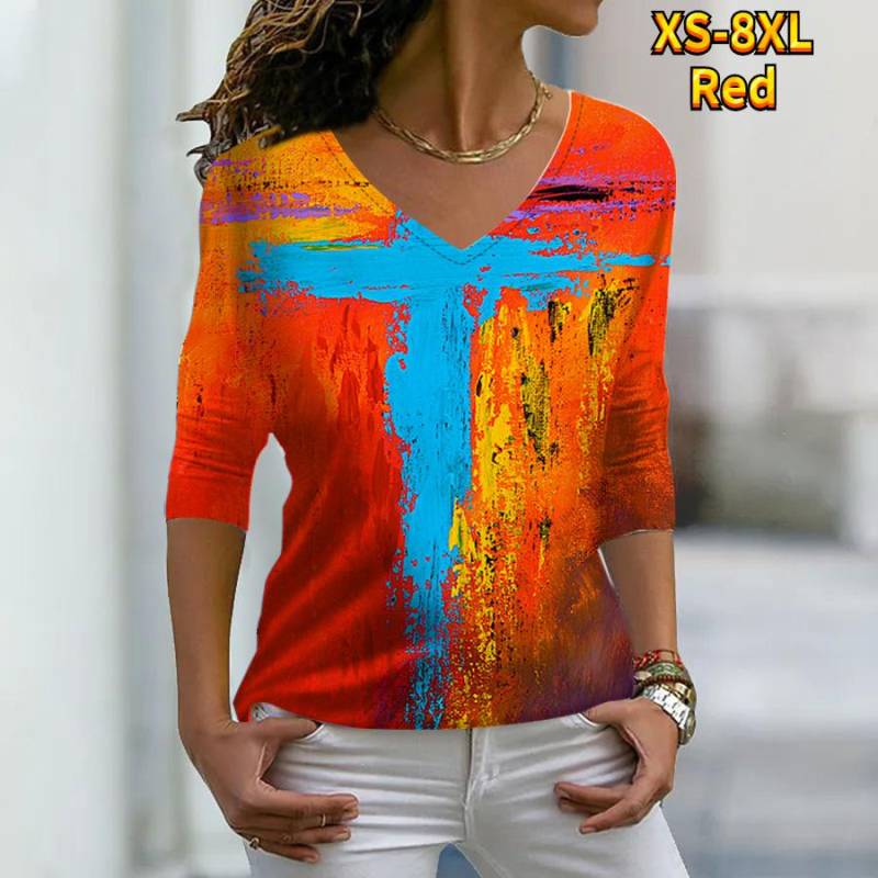 Frauen Herbst Floral Bunte Speckle Malerei Gedruckt Langarm T-Shirts Lose V-ausschnitt Plus Größe T-shirt Tops Bequeme Bluse L rot von Joom DACH