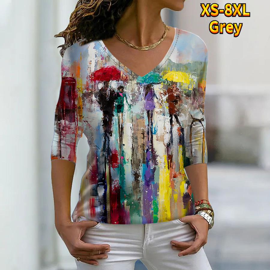 Frauen Herbst Floral Bunte Speckle Malerei Gedruckt Langarm T-Shirts Lose V-ausschnitt Plus Größe T-shirt Tops Bequeme Bluse L grau von Joom DACH