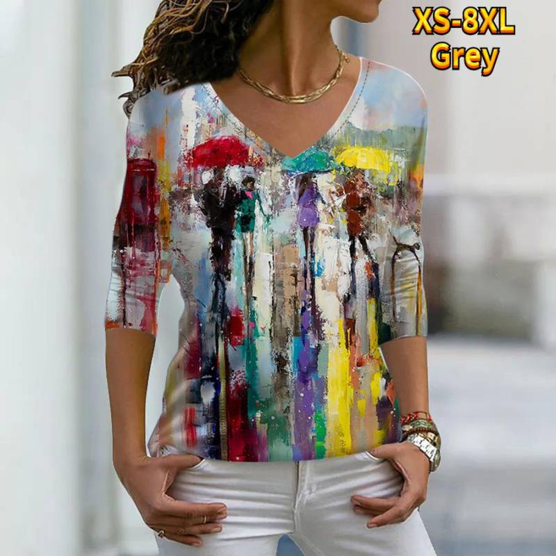 Frauen Herbst Floral Bunte Speckle Malerei Gedruckt Langarm T-Shirts Lose V-ausschnitt Plus Größe T-shirt Tops Bequeme Bluse L grau von Joom DACH