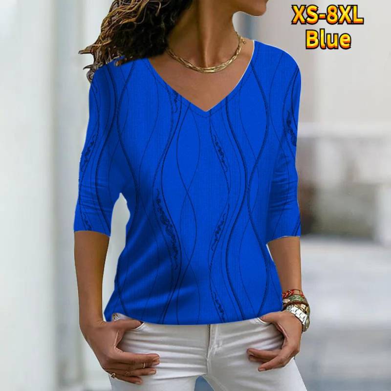 Frauen Herbst Floral Linie Grippe Gedruckt Langarm T-Shirts Lose V-ausschnitt Plus Größe T-shirt Tops Bequeme Bluse 6XL blau von Joom DACH