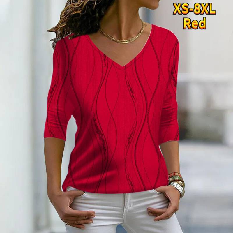 Frauen Herbst Floral Linie Grippe Gedruckt Langarm T-Shirts Lose V-ausschnitt Plus Größe T-shirt Tops Bequeme Bluse 8XL rot von Joom DACH