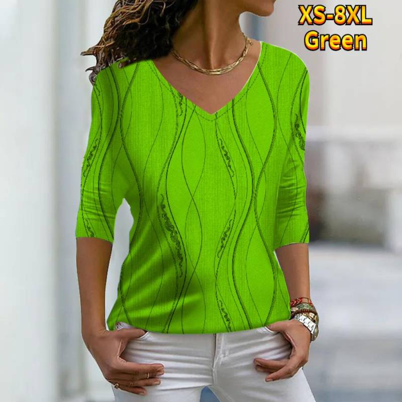 Frauen Herbst Floral Linie Grippe Gedruckt Langarm T-Shirts Lose V-ausschnitt Plus Größe T-shirt Tops Bequeme Bluse S grün von Joom DACH