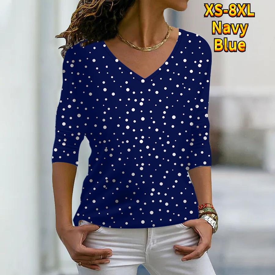 Frauen Herbst Floral Weiß Wavelet Punkte Gedruckt Langarm T-Shirts Lose V-ausschnitt Plus Größe T-shirt Tops Bequeme Bluse 4XL navy blau von Joom DACH