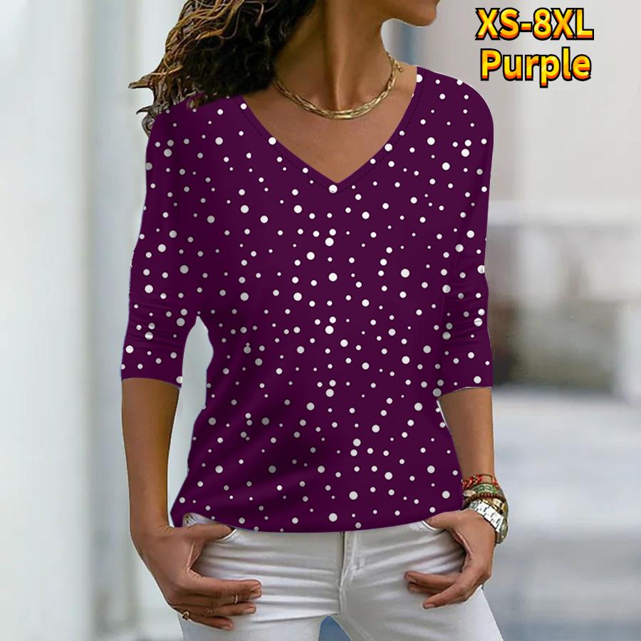 Frauen Herbst Floral Weiß Wavelet Punkte Gedruckt Langarm T-Shirts Lose V-ausschnitt Plus Größe T-shirt Tops Bequeme Bluse 4XL violett von Joom DACH