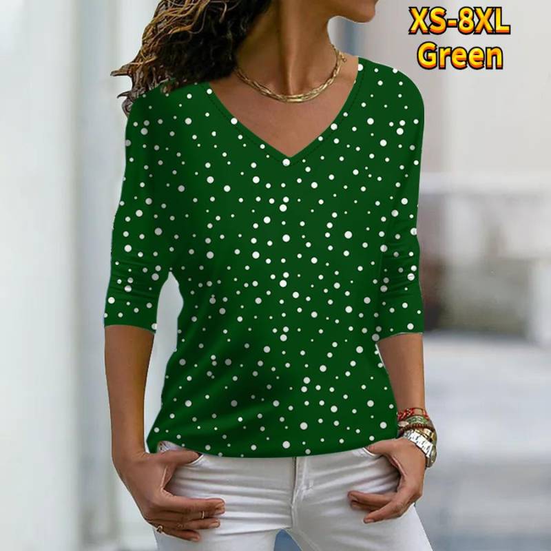 Frauen Herbst Floral Weiß Wavelet Punkte Gedruckt Langarm T-Shirts Lose V-ausschnitt Plus Größe T-shirt Tops Bequeme Bluse 8XL grün von Joom DACH