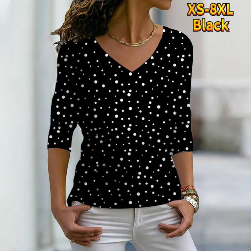 Frauen Herbst Floral Weiß Wavelet Punkte Gedruckt Langarm T-Shirts Lose V-ausschnitt Plus Größe T-shirt Tops Bequeme Bluse L schwarz von Joom DACH