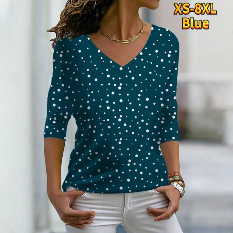 Frauen Herbst Floral Weiß Wavelet Punkte Gedruckt Langarm T-Shirts Lose V-ausschnitt Plus Größe T-shirt Tops Bequeme Bluse XL blau von Joom DACH