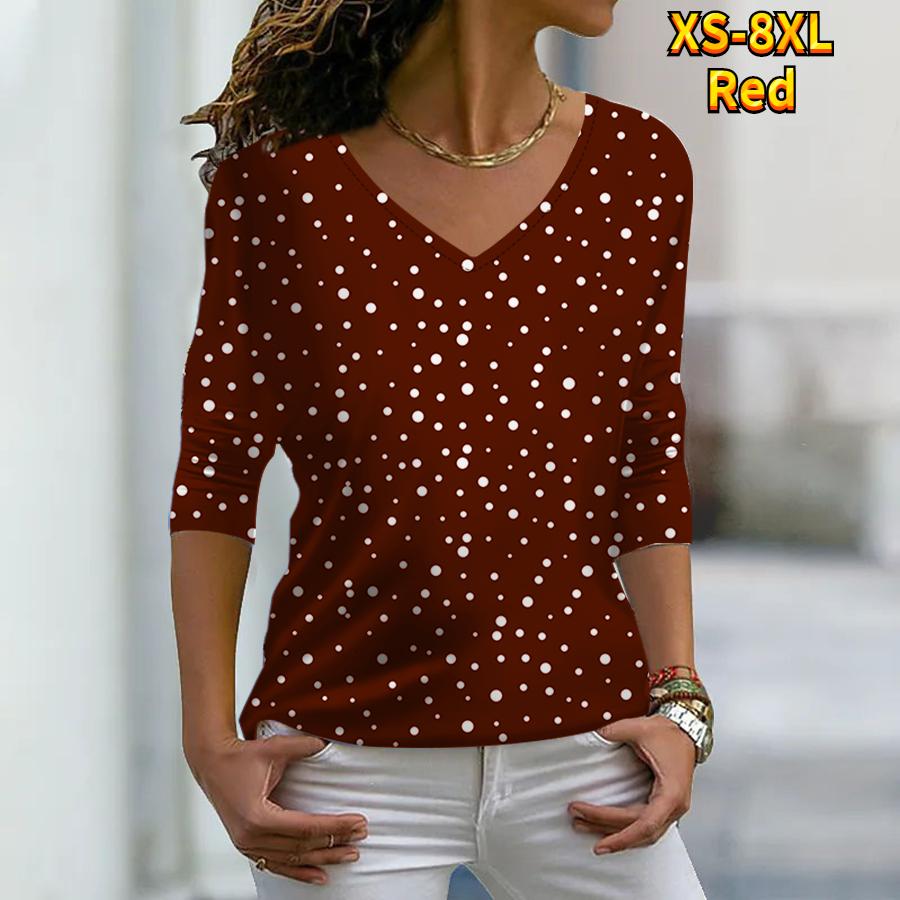 Frauen Herbst Floral Weiß Wavelet Punkte Gedruckt Langarm T-Shirts Lose V-ausschnitt Plus Größe T-shirt Tops Bequeme Bluse XXL rot von Joom DACH