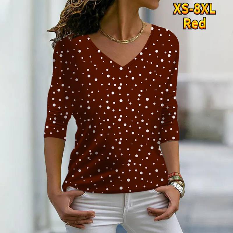 Frauen Herbst Floral Weiß Wavelet Punkte Gedruckt Langarm T-Shirts Lose V-ausschnitt Plus Größe T-shirt Tops Bequeme Bluse XXL rot von Joom DACH