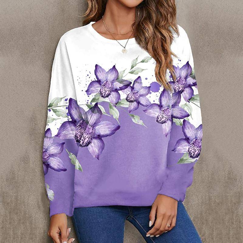Frauen Herbst Tops Lose Katze Blühende Blumen Drucken Kausalen Langarm T-shirt Top Bluse 4XL violett von Joom DACH