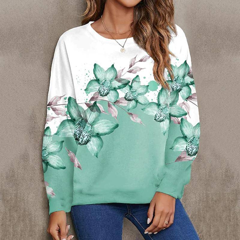 Frauen Herbst Tops Lose Katze Blühende Blumen Drucken Kausalen Langarm T-shirt Top Bluse 4XL grün von Joom DACH