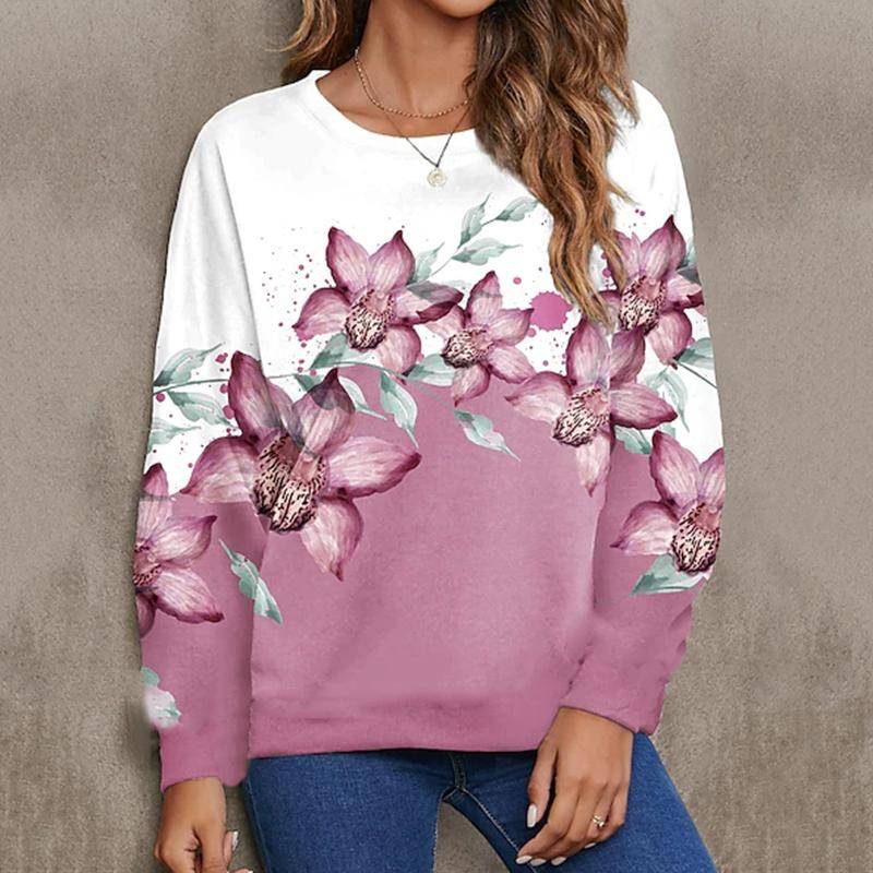 Frauen Herbst Tops Lose Katze Blühende Blumen Drucken Kausalen Langarm T-shirt Top Bluse 6XL rot von Joom DACH