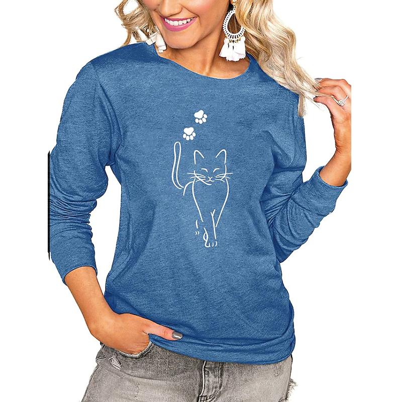 Frauen Herbst Tops Lose Katze EINE Schöne Katze Drucken Kausalen Langarm T-shirt Top Bluse XL von Joom DACH