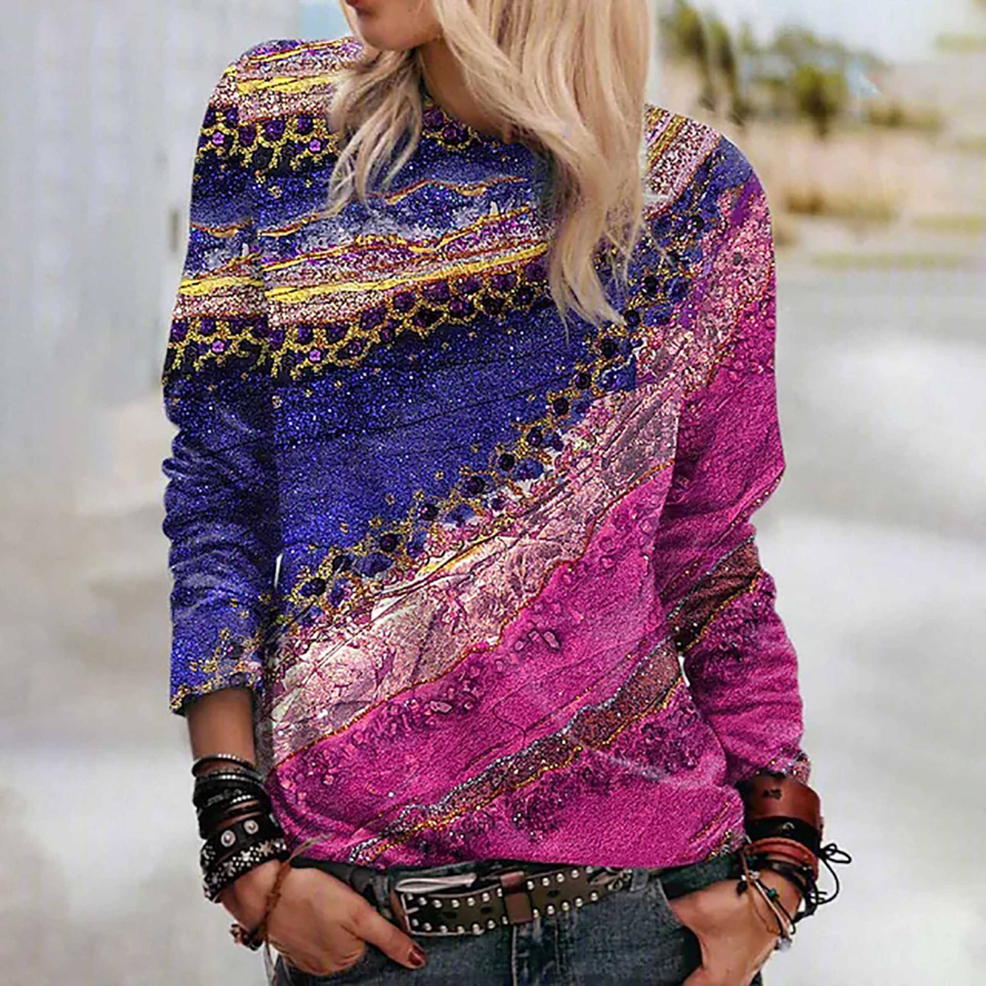 Frauen Herbst Tops Lose Katze Fünf Reichtum Muster Drucken Kausalen Langarm T-shirt Top Bluse 8XL violett von Joom DACH