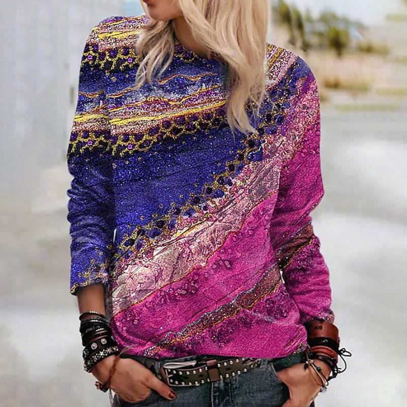 Frauen Herbst Tops Lose Katze Fünf Reichtum Muster Drucken Kausalen Langarm T-shirt Top Bluse 8XL violett von Joom DACH