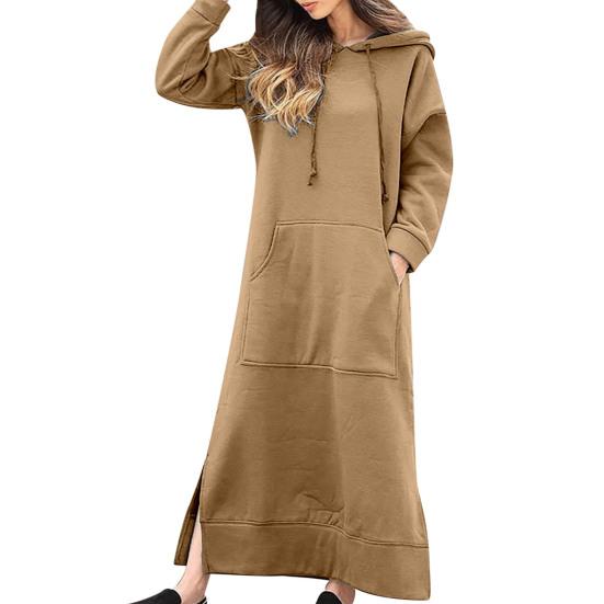 Frauen Herbst Winter Einfarbig Sweatshirt Kleid Mit Kapuze Kordelzug Langarm Front Tasche Seite Split Maxi Kleid 2XL khaki von Joom DACH