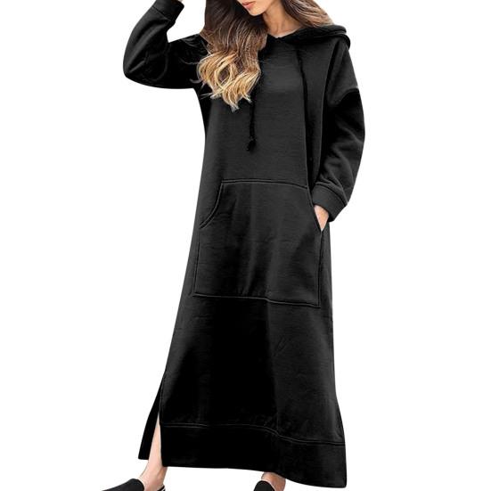 Frauen Herbst Winter Einfarbig Sweatshirt Kleid Mit Kapuze Kordelzug Langarm Front Tasche Seite Split Maxi Kleid 2XL schwarz von Joom DACH
