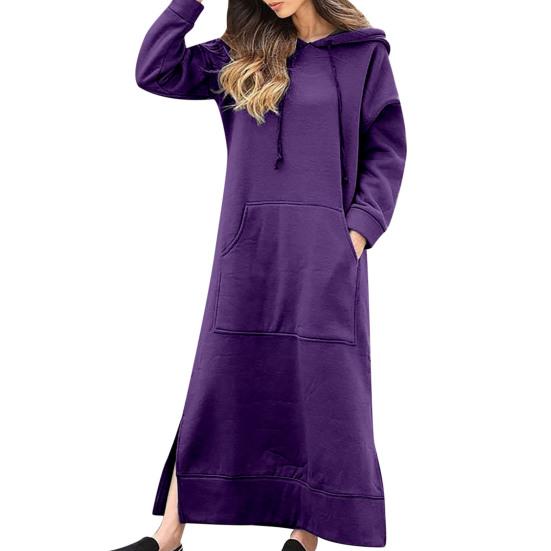 Frauen Herbst Winter Einfarbig Sweatshirt Kleid Mit Kapuze Kordelzug Langarm Front Tasche Seite Split Maxi Kleid 2XL violett von Joom DACH