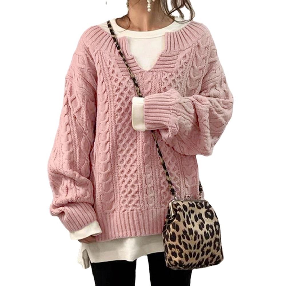 Frauen Herbst Winter Gestrickte Pullover und Pullover Damen Langarm V-ausschnitt Casual Lose Pullover Jumper L rosa von Joom DACH