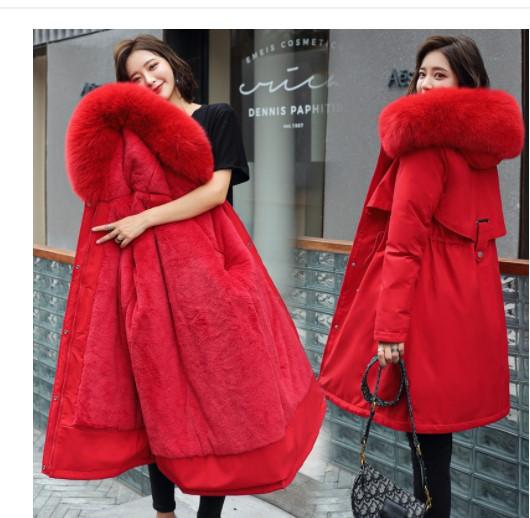 Frauen Herbst Winter Jacke Mantel Parka Verdicken Baumwolle Liner Mittel Lange Mit Kapuze Pelz Kragen Verstellbare Taille Einfarbig M-6XL 6XL rot von Joom DACH