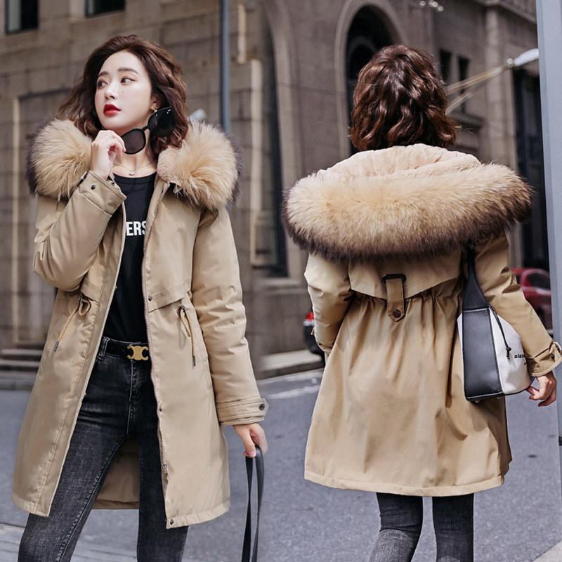 Frauen Herbst Winter Jacke Mantel Parka Verdicken Baumwolle Liner Mittel Lange Mit Kapuze Pelz Kragen Verstellbare Taille Einfarbig M-6XL L khaki von Joom DACH