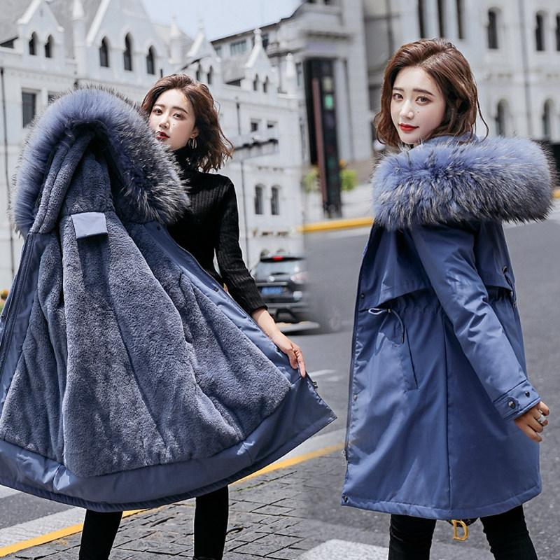 Frauen Herbst Winter Jacke Mantel Parka Verdicken Baumwolle Liner Mittel Lange Mit Kapuze Pelz Kragen Verstellbare Taille Einfarbig M-6XL XXXL blau von Joom DACH