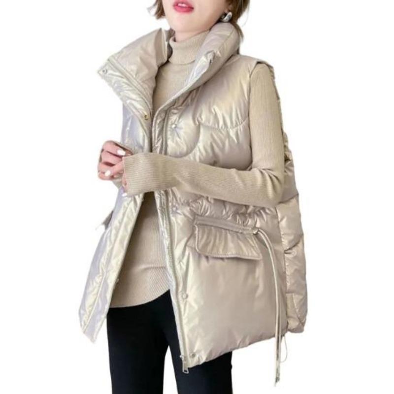 Frauen Herbst Winter Lose Fit Weste Stehkragen Ärmellose Zipper Knopfleiste Taschen Weste Baumwolle gefütterte Outwear 2XL champagner von Joom DACH