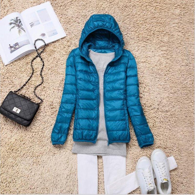Frauen Herbst Winter Mit Kapuze Kragen Langarm Zipper Solide Farbe Alle Spiel Schlanke Weiße Ente Unten Mantel M-5XL 5XL see-blaue von Joom DACH
