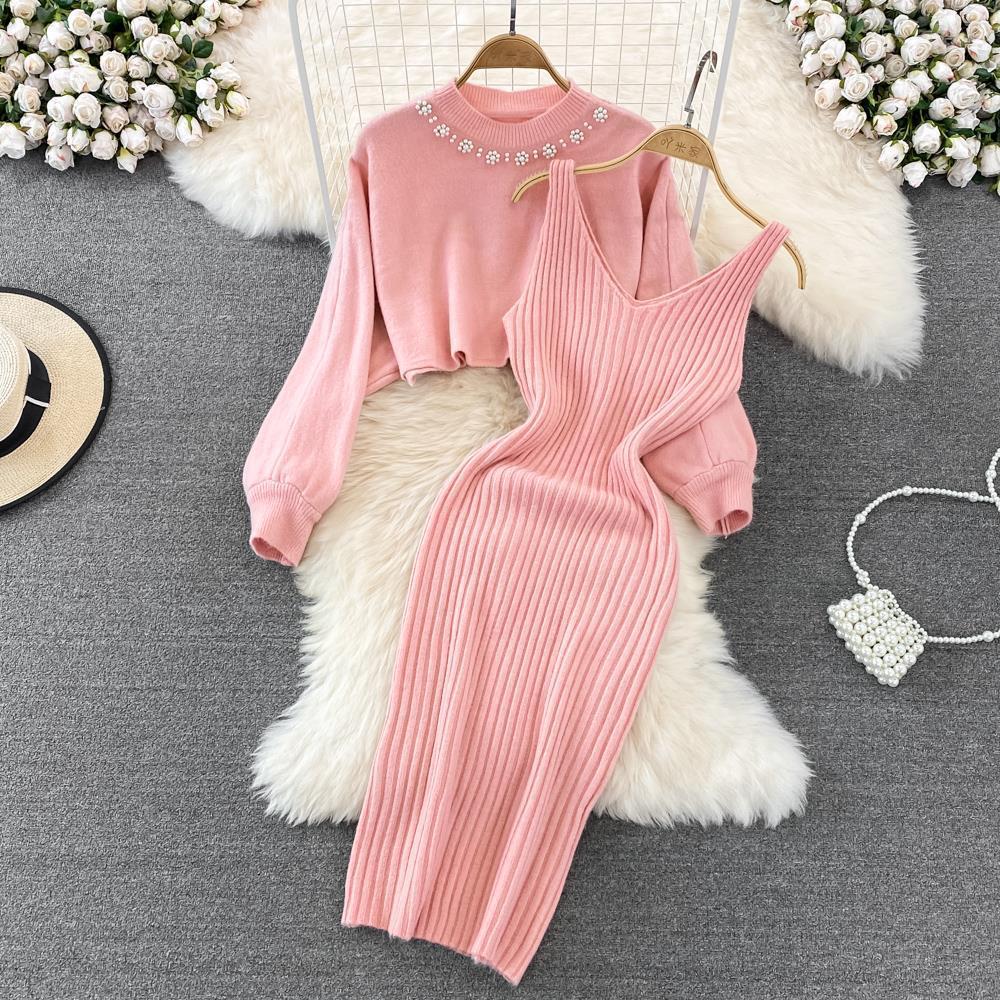 Frauen Herbst Winter O Neck Perlen Hohe Taille Kurze Offene Bauchnabel Pullover Zwei Stück Gestrickte Tank Top Kleid One Size rosa von Joom DACH