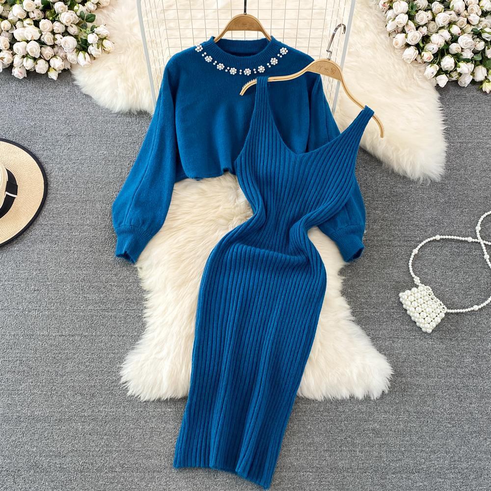 Frauen Herbst Winter O Neck Perlen Hohe Taille Kurze Offene Bauchnabel Pullover Zwei Stück Gestrickte Tank Top Kleid One Size blau von Joom DACH
