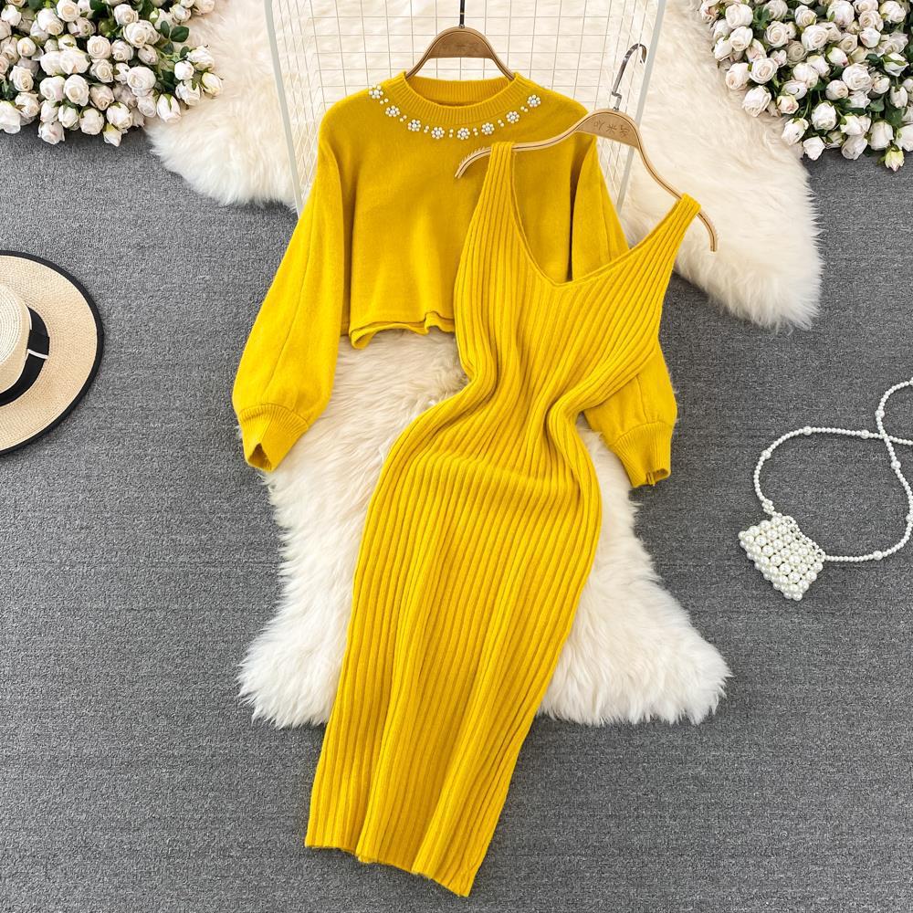 Frauen Herbst Winter O Neck Perlen Hohe Taille Kurze Offene Bauchnabel Pullover Zwei Stück Gestrickte Tank Top Kleid One Size gelb von Joom DACH