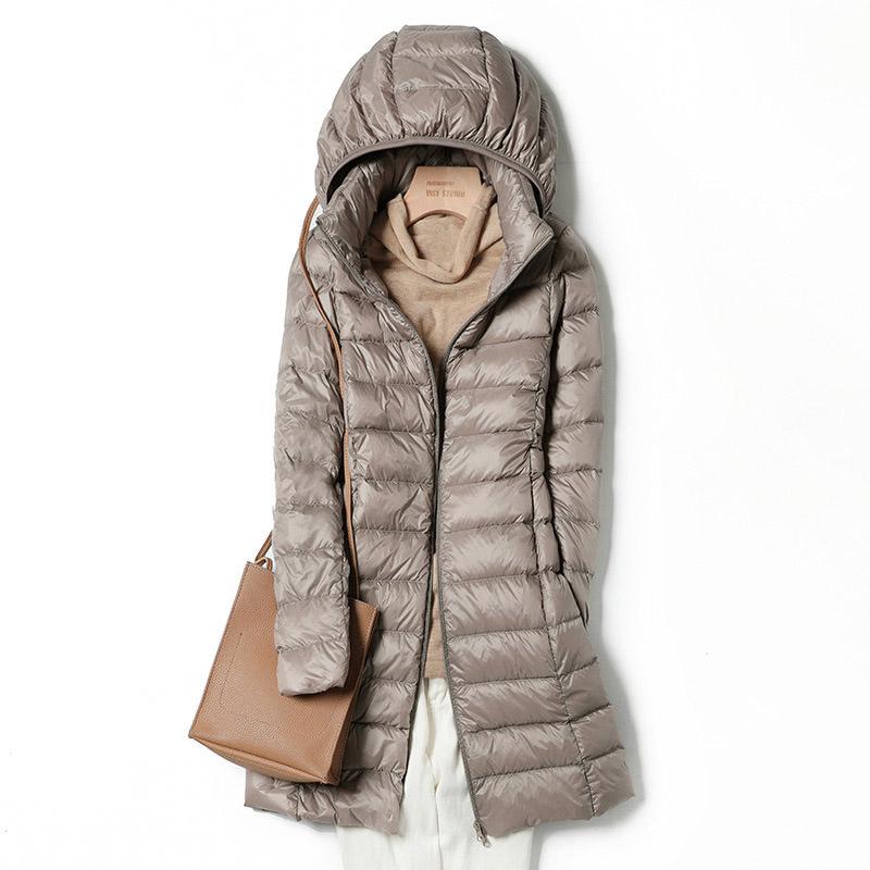 Frauen Herbst Winter Stehkragen Kapuze Einfarbig Reißverschluss Lange Weiße Ente Daunenjacke S-7XL 4XL khaki von Joom DACH