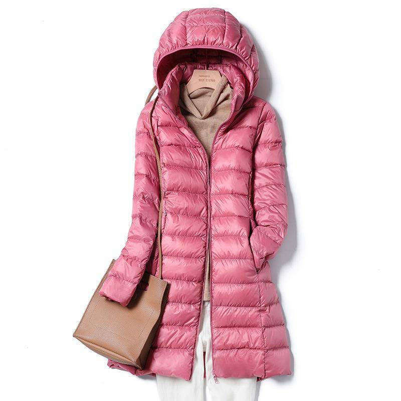 Frauen Herbst Winter Stehkragen Kapuze Einfarbig Reißverschluss Lange Weiße Ente Daunenjacke S-7XL XXL rosa von Joom DACH