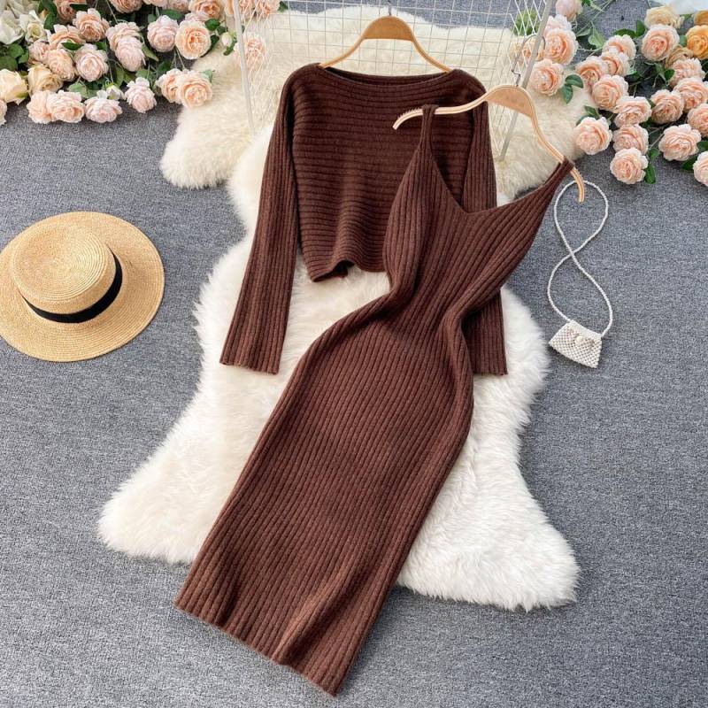 Frauen Herbst Winter Twist Crop Pullover Hüfte Kleid Stricken Set Für Laides Einfarbig Schlank Alle Spiel Zwei Stück Set One Size braun von Joom DACH