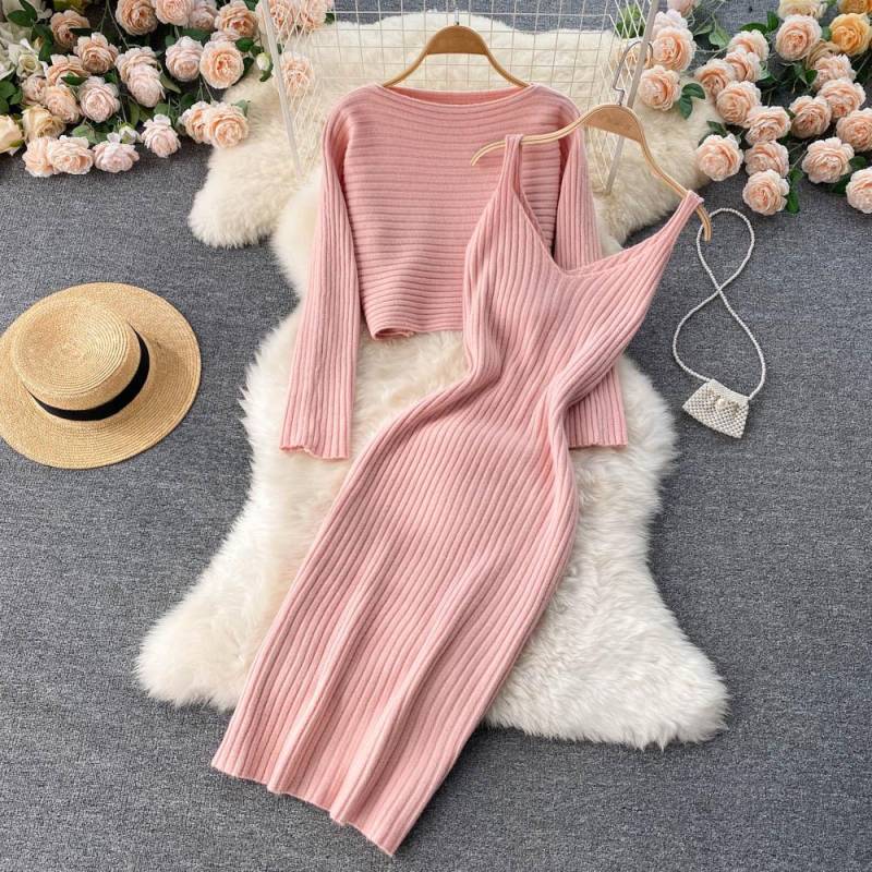Frauen Herbst Winter Twist Crop Pullover Hüfte Kleid Stricken Set Für Laides Einfarbig Schlank Alle Spiel Zwei Stück Set One Size rosa von Joom DACH