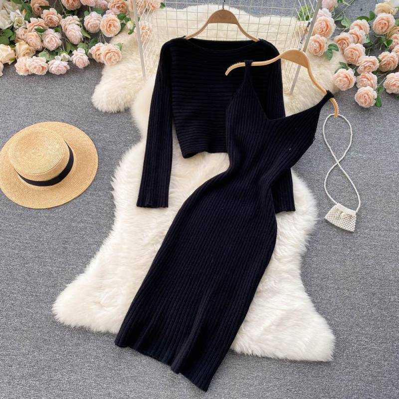 Frauen Herbst Winter Twist Crop Pullover Hüfte Kleid Stricken Set Für Laides Einfarbig Schlank Alle Spiel Zwei Stück Set One Size schwarz von Joom DACH