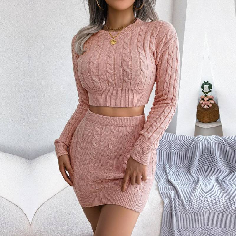 Frauen Herbst Winter Twist Crop Pullover Hüfte Rock Stricken Set Für Laides Einfarbig Schlank Alle Spiel Zwei Stück Set SL M von Joom DACH