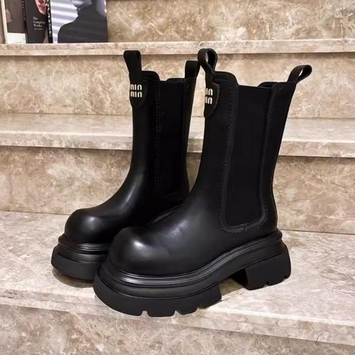 Frauen High Heels Plattform Stiefeletten Chunky Leder Baumwolle Schuhe Marke Klassische Schuhe Frau 2024 Trend Winter Goth Botas Mujer 40 von Joom DACH