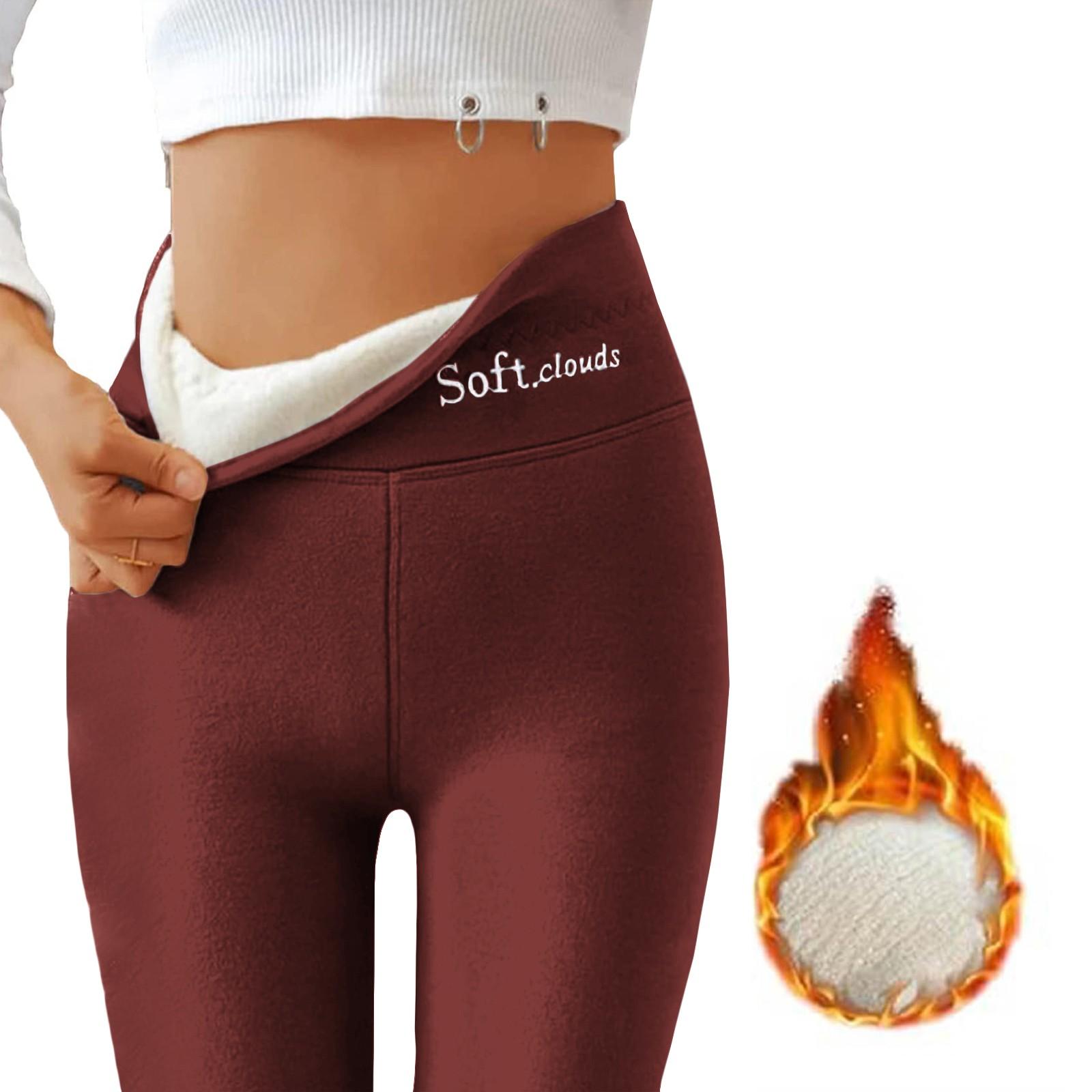 Frauen Hohe Taille Casual Hosen Einfarbig Fleece Thermo-Leggings Winter Lange Fleece Hose Plüsch Laufen L weinrot von Joom DACH