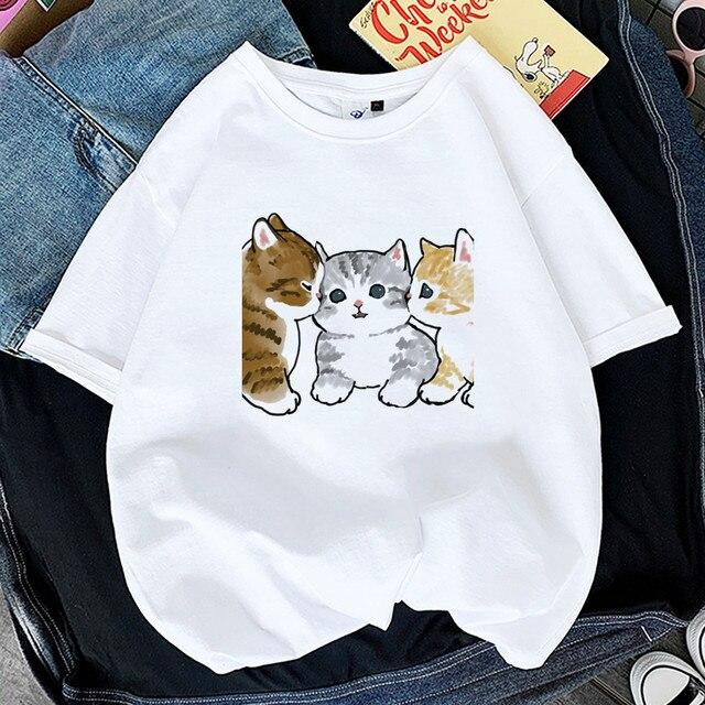 Frauen Kawaii Katze Hai Aufdruck Lustiges T-Shirt 90er Jahre Print Tops Teen Mädchen Schwarz Weiß Kleidung Mädchen Tier Mode Kleidung M von Joom DACH