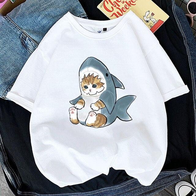 Frauen Kawaii Katze Hai Aufdruck Lustiges T-Shirt 90er Jahre Print Tops Teen Mädchen Schwarz Weiß Kleidung Mädchen Tier Mode Kleidung M von Joom DACH