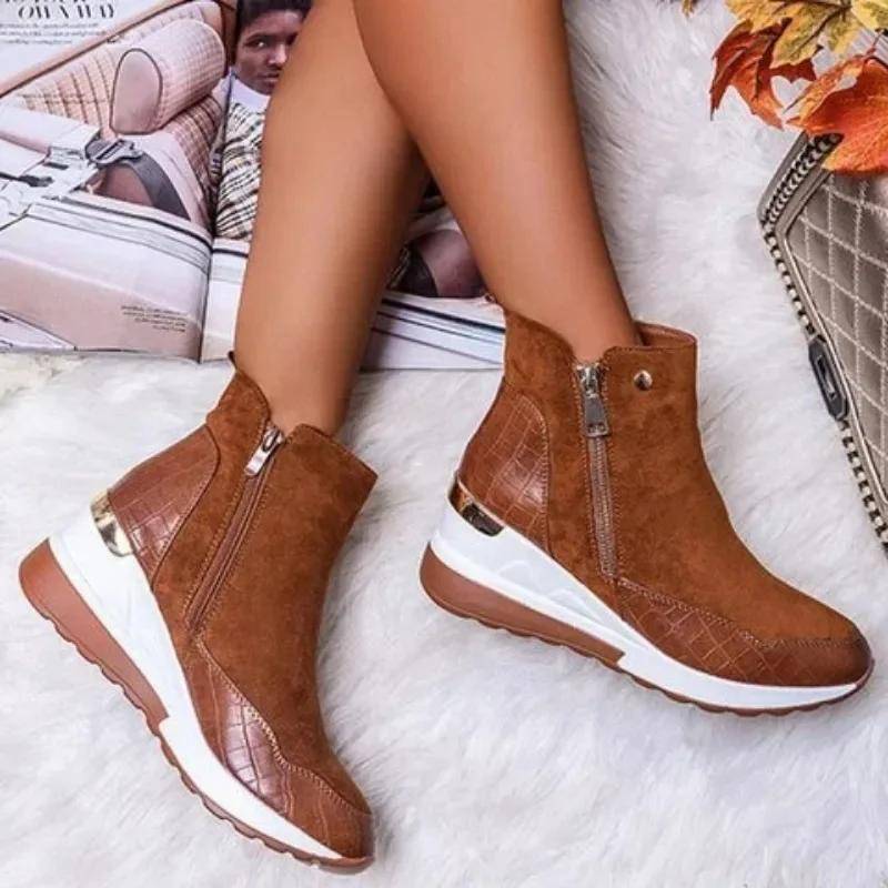Frauen Keil Schnee Stiefel Mode Herbst Winter Reißverschluss Warm Plüsch Solide Plattformen Koreanische Beiläufige Kurze Stiefeletten Baumwollschuhe 36 von Joom DACH