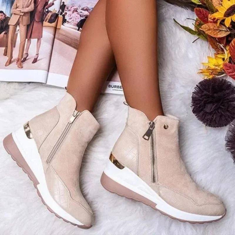 Frauen Keil Schnee Stiefel Mode Herbst Winter Reißverschluss Warm Plüsch Solide Plattformen Koreanische Beiläufige Kurze Stiefeletten Baumwollschuhe 39 beige von Joom DACH